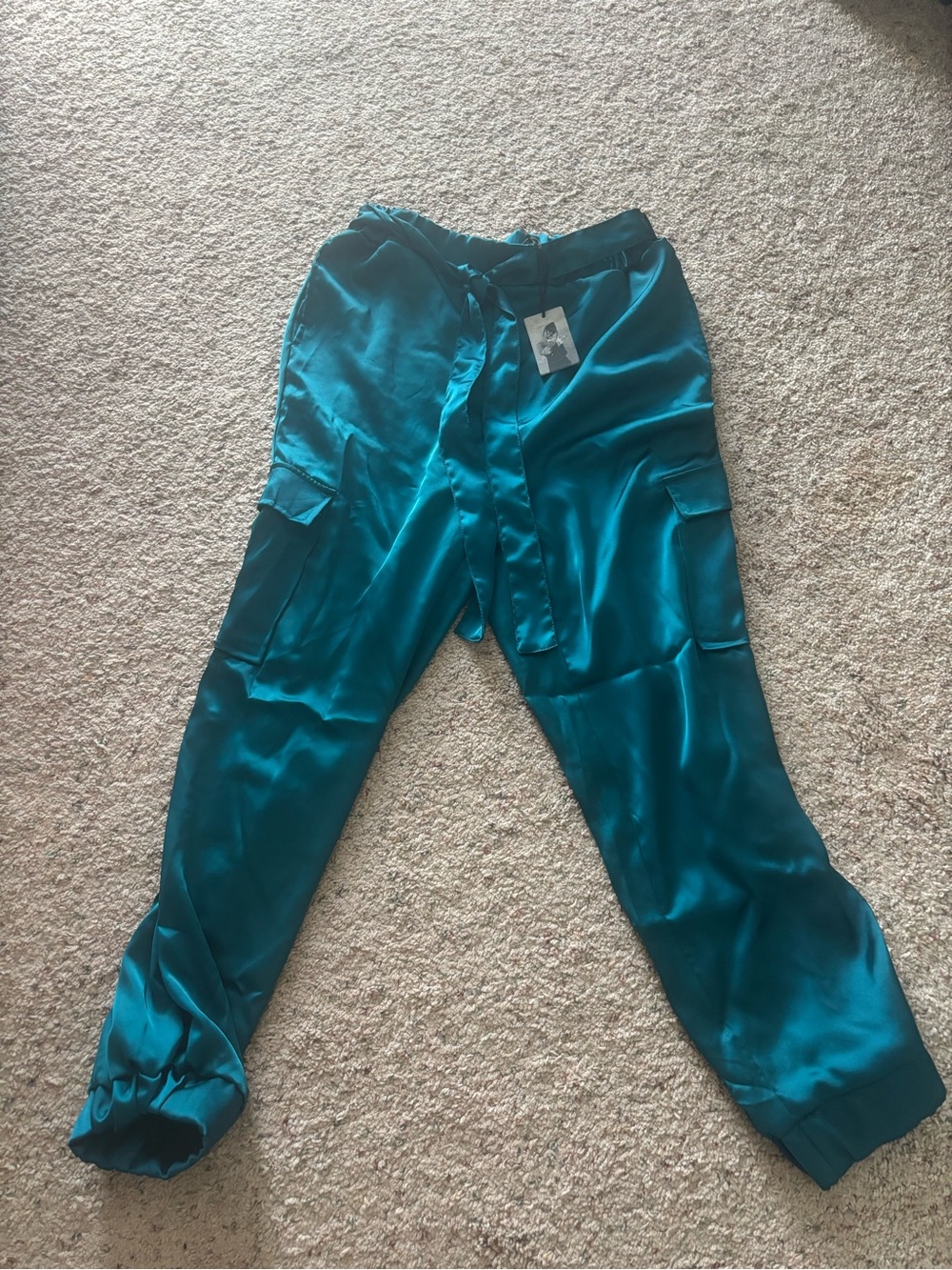 New "Teal Satin Cargo Joggers with Drawstring Waist